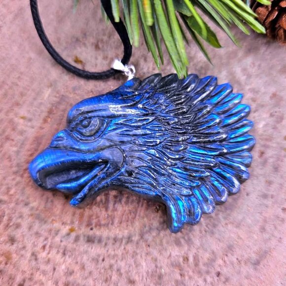 Nature Labradorite Flashy Strong Eagle Head Pendant Necklace - Picture 5 of 10